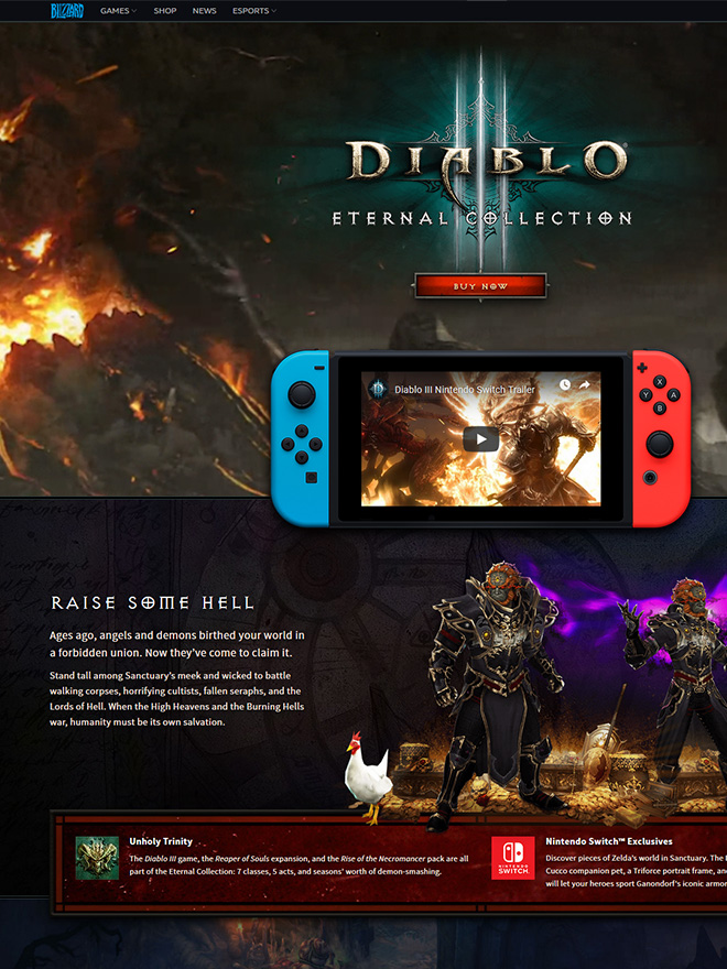 Diablo 3 Switch announcement website header sections